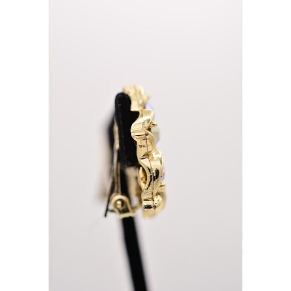 Vintage Crystal Clip On Earrings Flower Rhinestone Aurora Borealis Gold 60s BinZ - Picture 8 of 12